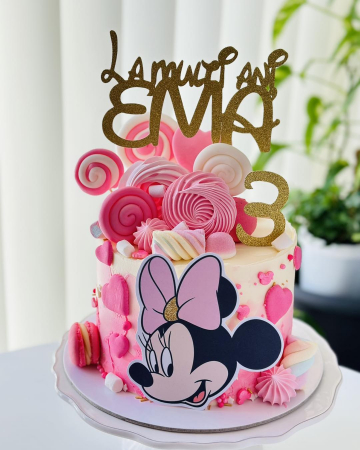 Minnie - Topper de tort cu element special din carton sub forma de  cap de Minnie din profil cu fundita roz pal si auriu