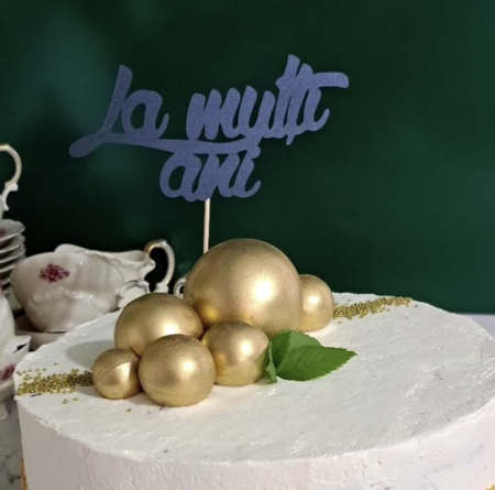 Topper de tort cu element special din carton sub forma de la multi ani albastru sidef