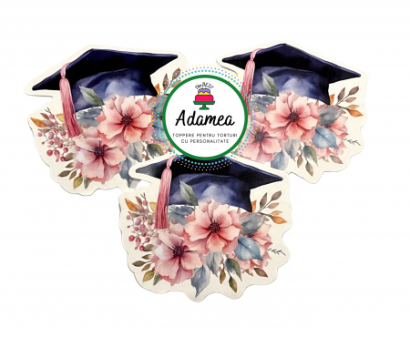 Final de an scolar - Topper de tort  personalizat cu element special din carton sub forma de toca si flori delicate roz cu bleu pentru scoala