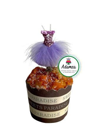 Toppere tort - Topper de tort  personalizat cu element special din puf mov lila si glitter sub forma de rochita de balerina sua printesa fucsia