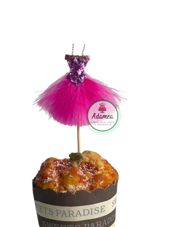 Produse cu pene - Topper de tort  personalizat cu element special din puf roz si glitter sub forma de rochita de balerina sua printesa fucsia
