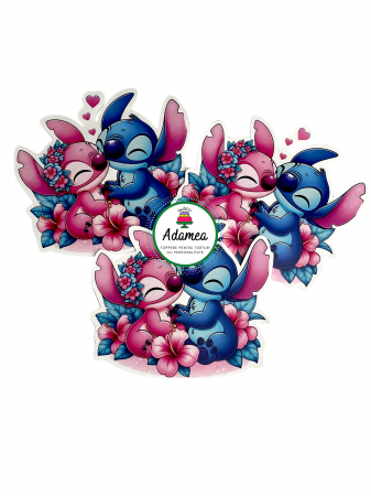 NOUTĂȚI - Topper de tort  personalizat cu element special din carton sub forma de  placuta cu Angel si Stitch in cadru romantic cu flori