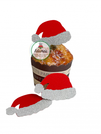 Crăciun - Topper de tort cu element special din carton sclipitor rosu si argintiu tip caciula lui Mos Craciun