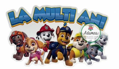 Topper pentru tort „La Mulți Ani” cu personajele din Paw Patrol, ideal pentru aniversări, disponibil la Adamea