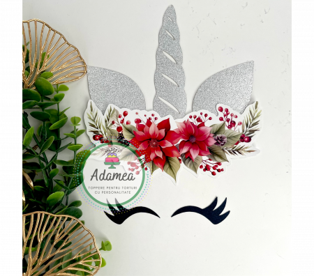 Unicorn - Topper de tort cu element special din carton sub forma de corn de unicorn cu coronita de flori de Craciun
