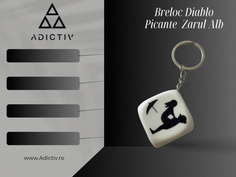 Breloc zarul pasiunii cu pozitii sexuale Kama Sutra, pentru cupluri, cu lantisor argintiu, Diablo Picante [2]