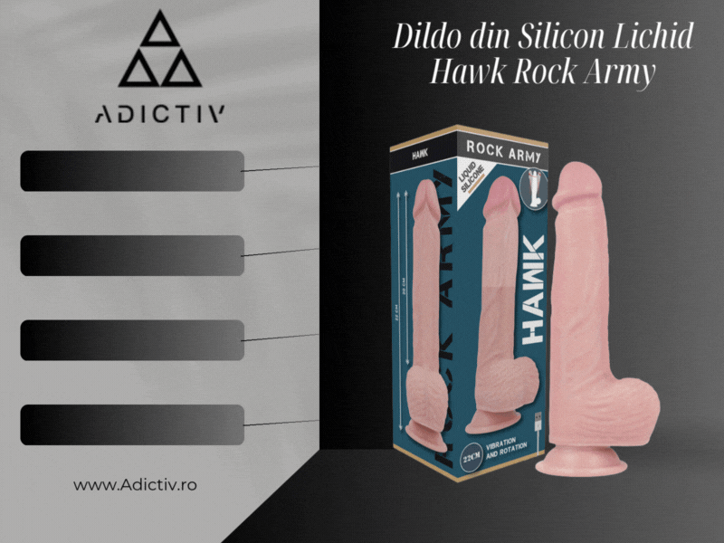 Dildo din Silicon Lichid Hawk Rock Army, 22 cm, Realist, Vibrator si Rotativ, pentru Utilizare Vaginala si Anala, cu Ventuza, USB Reincarcabil [2]