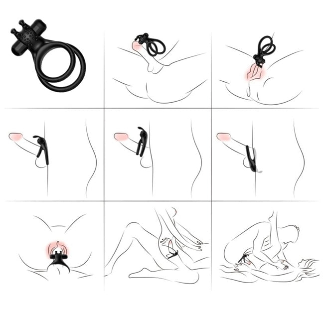Inel Vibrator Dublu Armony, din silicon medical, pentru penis si testicule, cu stimulare clitoridiana, negru [5]