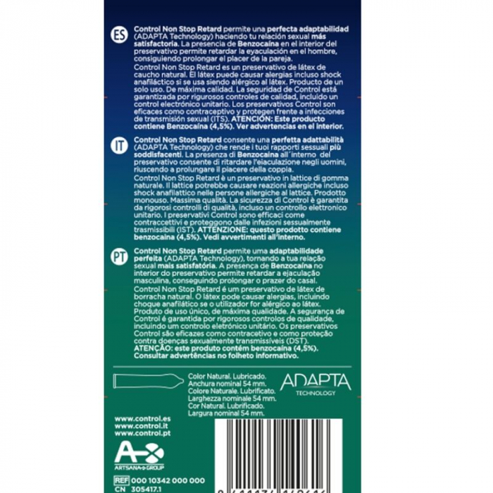 Prezervative Control Non Stop Retard Natural 54 mm, 12 Bucati, Latex Transparent, Lubrifiate cu Benzocaina, Testate Dermatologic [3]