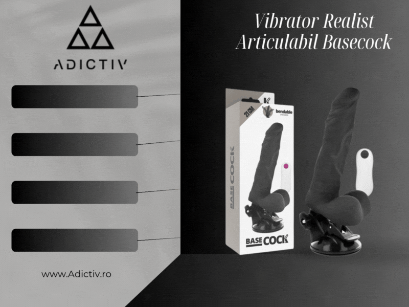 Vibrator realist articulabil Basecock, cu telecomanda, ventuza, negru, 12 moduri vibratie, din TPE, 21 cm [2]