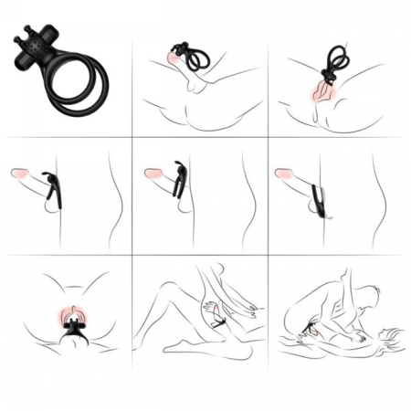 Inel Vibrator Dublu Armony, din silicon medical, pentru penis si testicule, cu stimulare clitoridiana, negru [4]