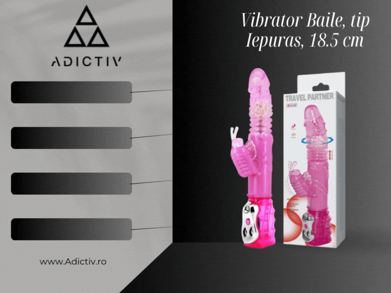 Vibrator Baile, tip Iepuras, 18.5 cm, roz, din gelatina, rotator cu margele interne și stimulare clitoridiana [1]