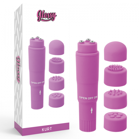 Vibratoare clasice - Vibrator Mini Multiviteza, cu 4 Capete Interșanjabile, din ABS, Mov,  Rezistent la Apa, 10,7 cm, Glossy