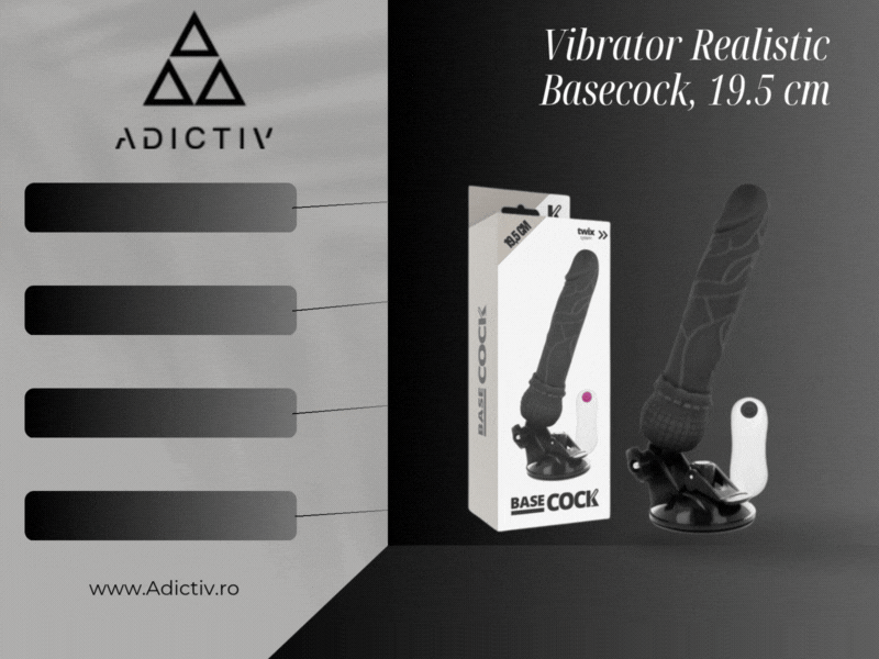 Vibrator Realistic  Basecock cu 12 Moduri, Ventuza și Telecomanda, Negru, din TPE, 19.5 cm [1]