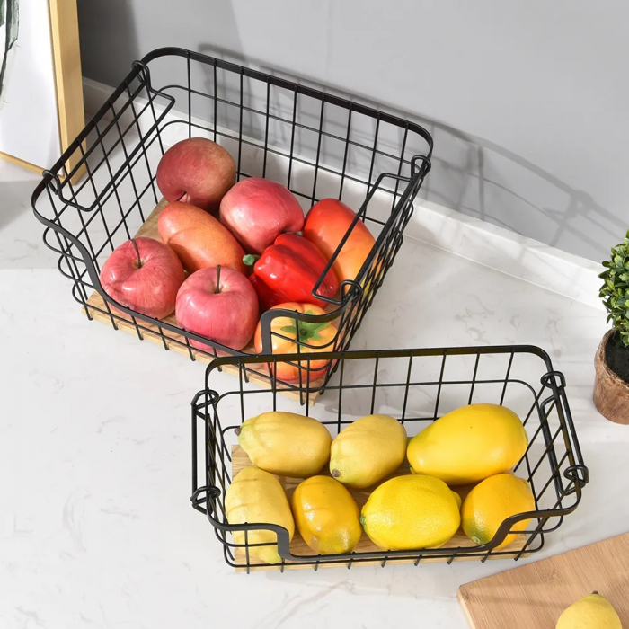 CULINARO HOME Cos depozitare legume/fructe dreptunghiular, metal/lemn, 32,4x26xh19cm, negru mat [2]