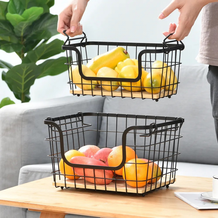 CULINARO HOME Cos depozitare legume/fructe dreptunghiular, metal/lemn, 32,4x26xh19cm, negru mat [3]