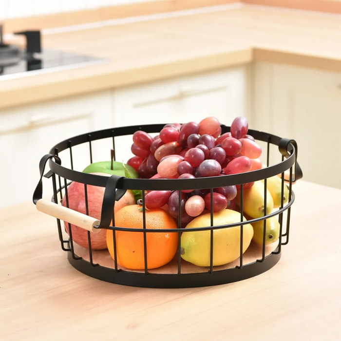 CULINARO HOME Cos pentru fructe rotund cu manere, metal/lemn, D28,2xh12,3cm, negru mat [2]