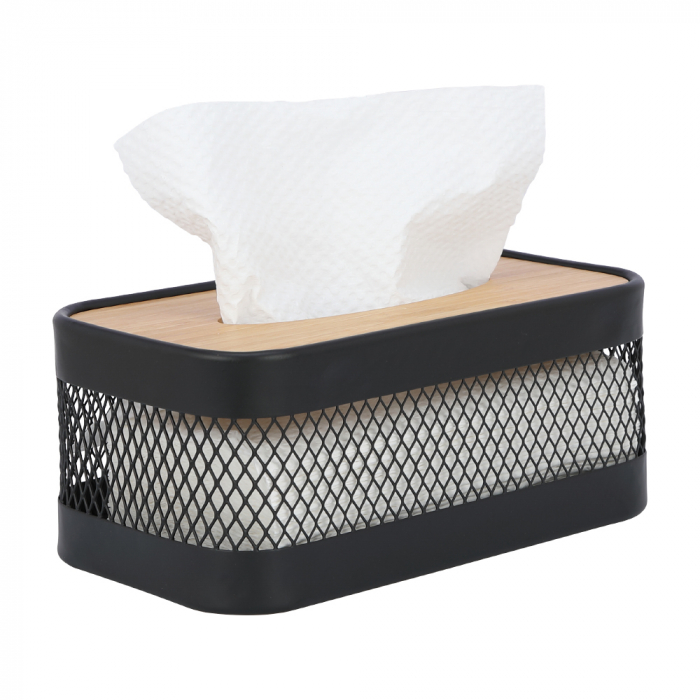 CULINARO HOME Cutie depozitare servetele cu capac, 25x10xh14cm, plasa metalica si capac lemn, negru mat [2]