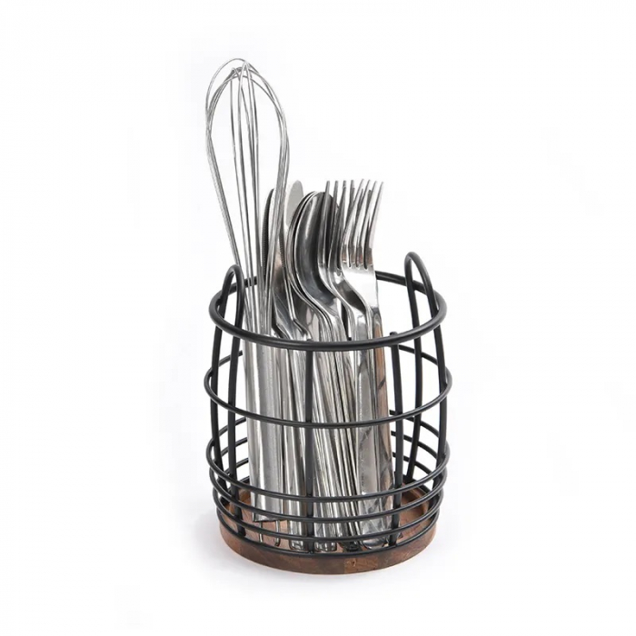 CULINARO HOME Suport tacamuri si ustensile, metal/lemn, D13,4xh15,5cm, negru mat [2]