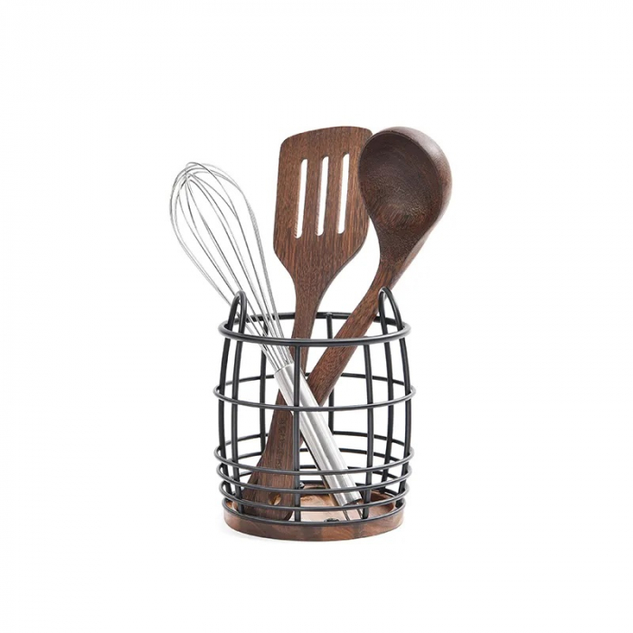 CULINARO HOME Suport tacamuri si ustensile, metal/lemn, D13,4xh15,5cm, negru mat [3]