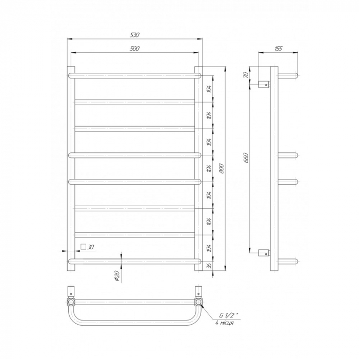 ELNA CASCADE LUX 8 Calorifer baie portprosop, inox, 800x530x155mm [2]