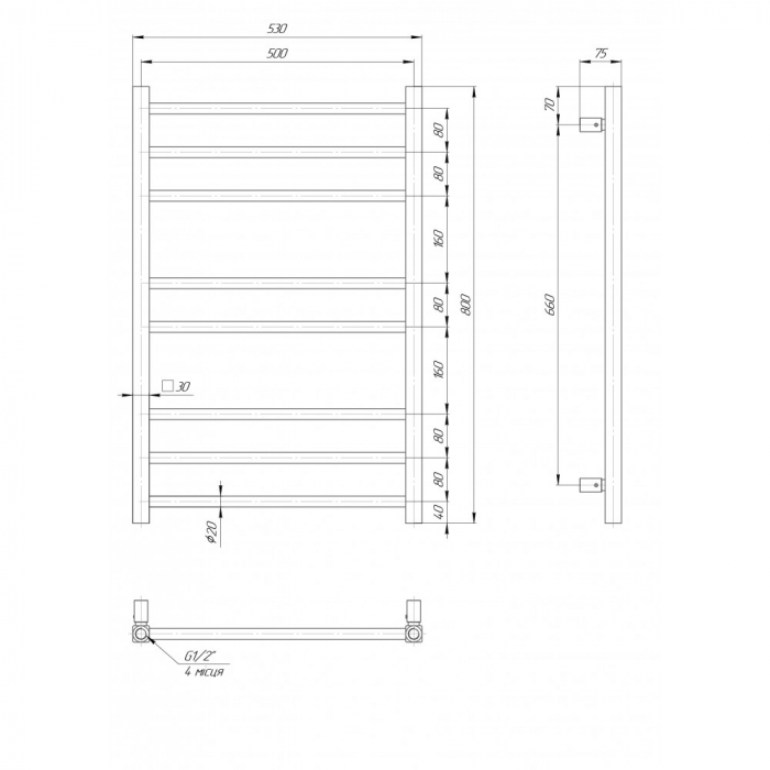 ELNA LADDER LUX 8 Calorifer portprosop cu apa, inox, 800x530x75mm [2]