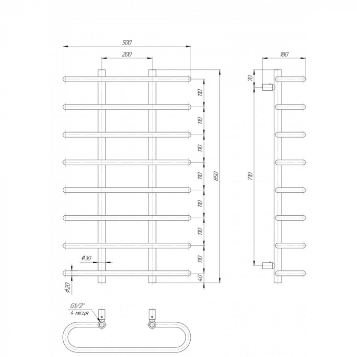ELNA ORBIT 8 Calorifer portprosop cu apa, inox, 850x500x180mm [2]