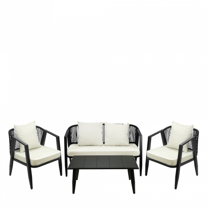 RAKI LAGOS Set mobilier gradina, canapea dubla cu perne, 2 fotolii cu perne si masa dreptunghiulara, cadru metalic, impletitura snur textil, negru [1]