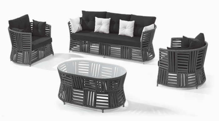 RAKI LUCCA Set mobilier gradina 4 piese, canapea, 2 fotolii si masa, cadru metalic si impletitura sfoara, antracit [1]