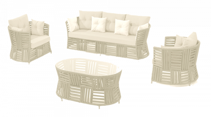 RAKI LUCCA Set mobilier gradina 4 piese, canapea, 2 fotolii si masa, cadru metalic si impletitura sfoara, crem [1]
