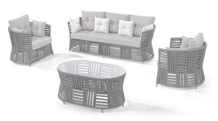 RAKI LUCCA Set mobilier gradina 4 piese, canapea, 2 fotolii si masa, cadru metalic si impletitura sfoara, gri deschis [1]