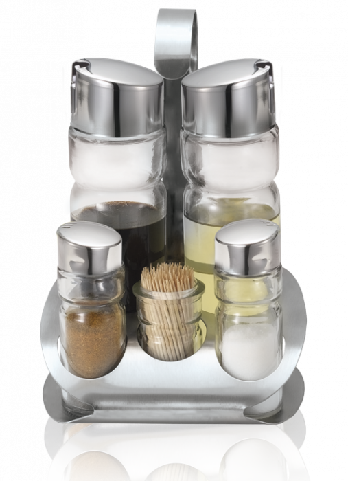 RAKI LUX LINE Oliviera cu suport inox, 2 sticle ulei/otet de 160ml, solnita si pipernita 35ml, suport scobitori [1]