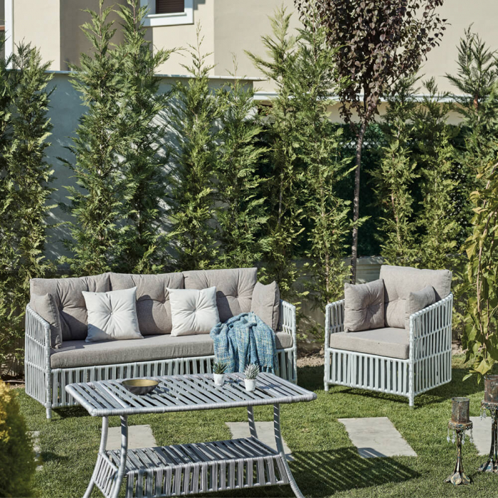 RAKI MANILA Set mobilier gradina 4 piese, canapea, 2 fotolii si masa, cadru metalic si impletitura sfoara, gri deschis [5]