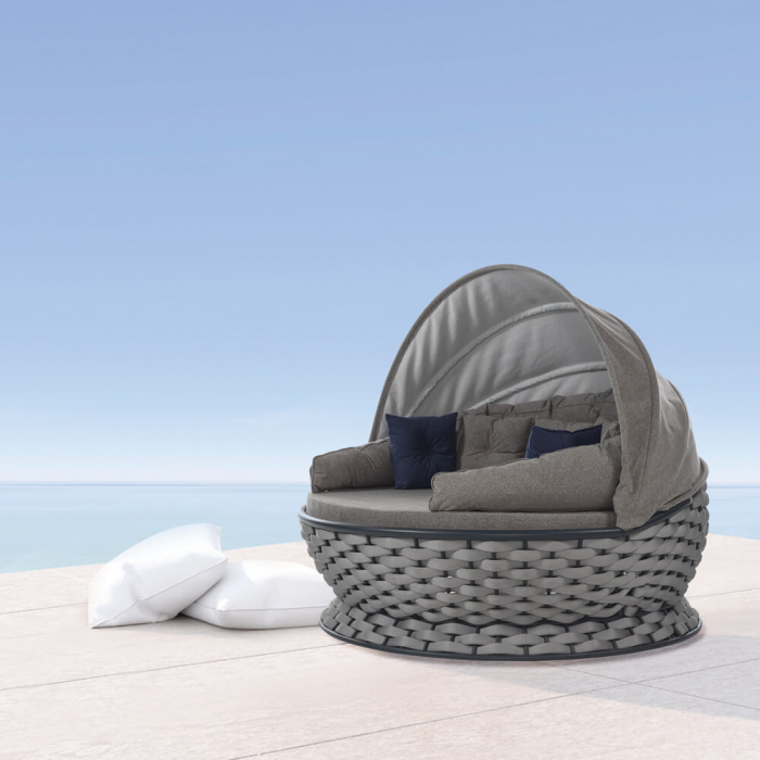 RAKI MIAMI Pat de gradina cu copertina, rotund, cadru metalic si impletitura textila, D180xh80-140cm, gri deschis [7]