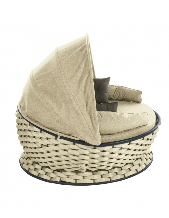 RAKI MIAMI Pat de gradina cu copertina, rotund, cadru metalic si impletitura textila, D180xh80-140cm, crem [4]