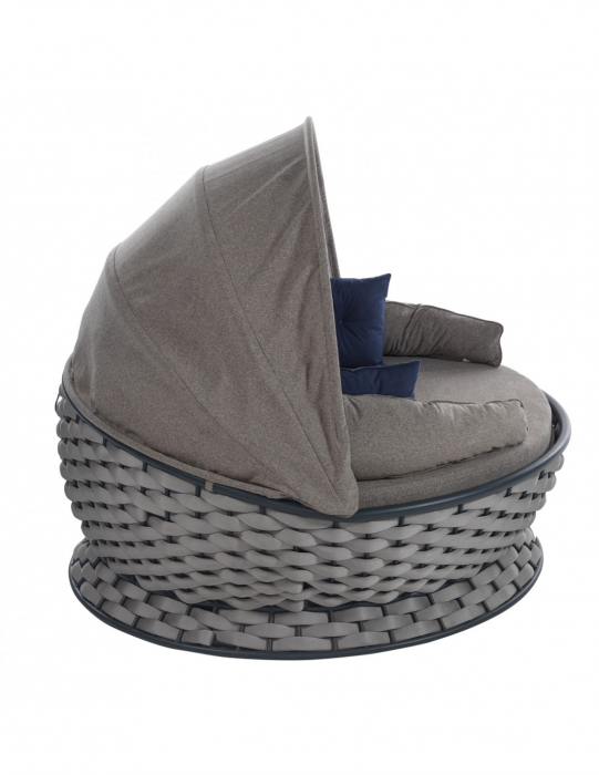 RAKI MIAMI Pat de gradina cu copertina, rotund, cadru metalic si impletitura textila, D180xh80-140cm, gri deschis [5]