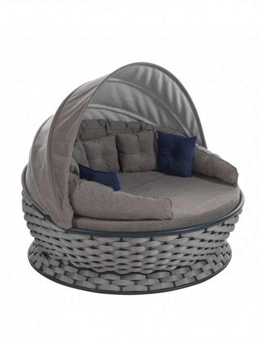 RAKI MIAMI Pat de gradina cu copertina, rotund, cadru metalic si impletitura textila, D180xh80-140cm, gri deschis [2]