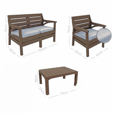 RAKI MIAMI Set gradina 4 piese, canapea dubla, 2 fotolii si masa, albe, plastic cu textura lemn [4]