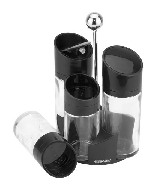 RAKI Oliviera 5 piese, 2 recipiente ulei/otet, 2 recipiente condimente, suport plastic, recipiente din sticla cu capace plastic [2]