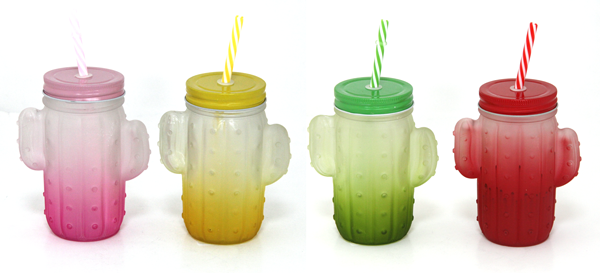RAKI Pahar din sticla cu pai si capac, model cactus, 400ml, diferite culori [1]