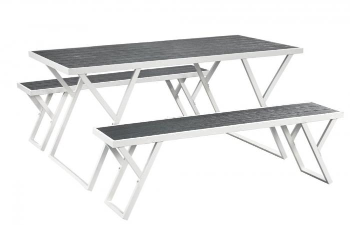 RAKI PLASTIC WOOD Set mobilier gradina, masa dreptunghiulara + 2 banci, plastic antracit si cadru metalic alb [2]