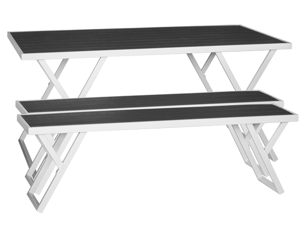 RAKI PLASTIC WOOD Set mobilier gradina, masa dreptunghiulara + 2 banci, plastic antracit si cadru metalic alb [1]