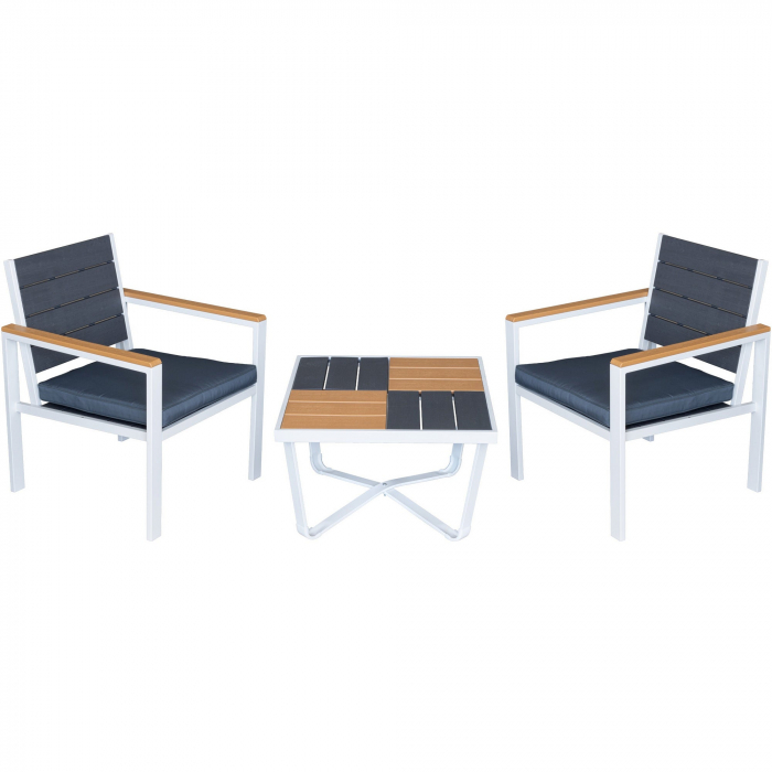 RAKI PLASTIC WOOD Set mobilier terasa, 2 scaune cu brate si perne + masa, plastic antracit/natur si cadru metalic alb [1]