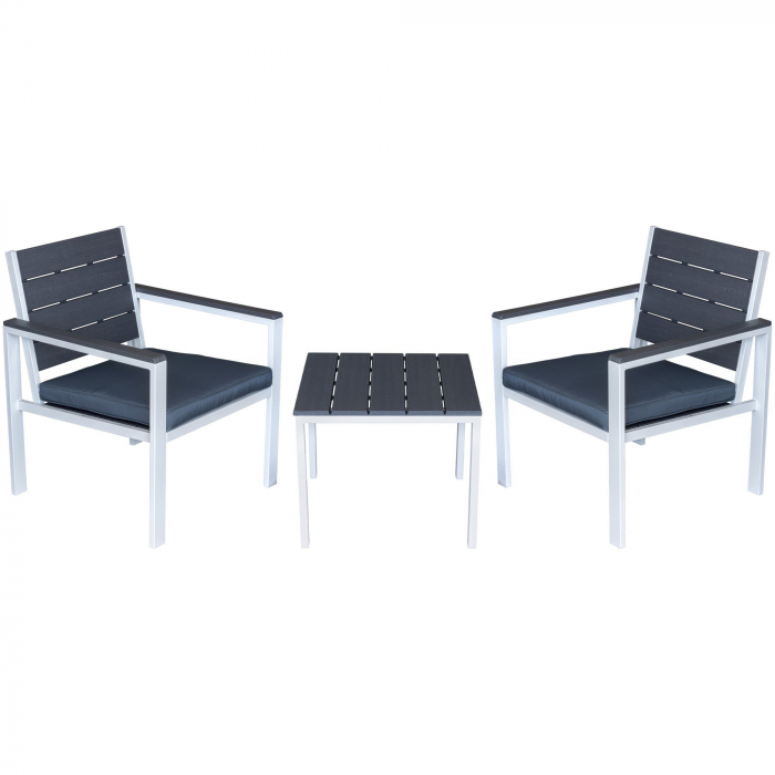 RAKI PLASTIC WOOD Set mobilier terasa, 2 scaune cu brate si perne + masa, plastic antracit si cadru metalic alb [1]