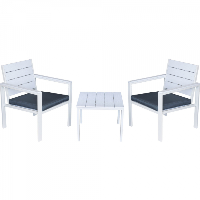 RAKI PLASTIC WOOD Set mobilier terasa, 2 scaune cu brate si perne + masa, plastic cu cadru metalic, alb [1]