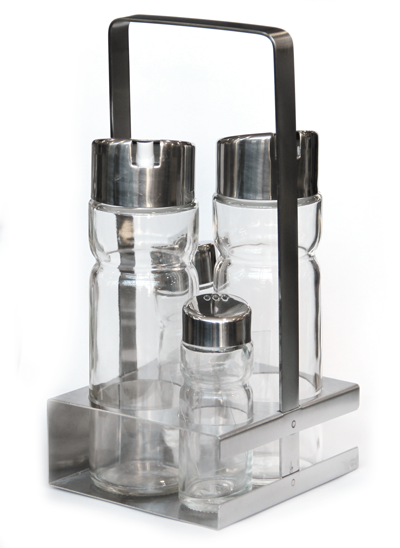 RAKI PREMIUM Oliviera 5 piese, cu suport inox patrat, maner patrat, 2 sticle ulei/otet, solnita si pipernita [1]