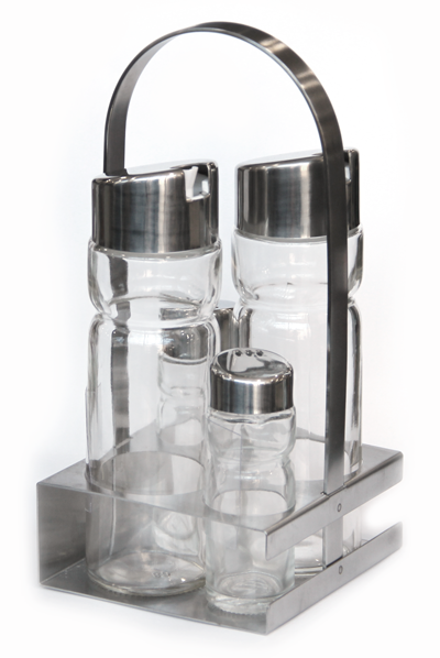 RAKI PREMIUM Oliviera 5 piese, cu suport inox patrat, maner rotund, 2 sticle ulei/otet, solnita si pipernita [1]