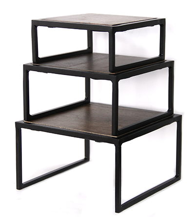 RAKI Set 3 standuri bufet, metal cu blat lemn, 15x15xh7,5cm/20x20xh10cm/25x25xh12cm [1]