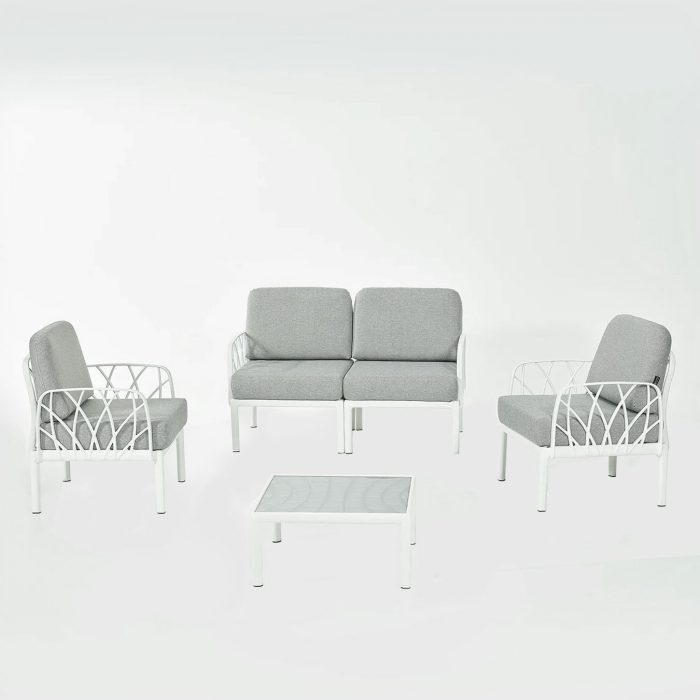 RAKI Set mobilier gradina/terasa, canapea dubla, 2 fotolii, masa, modular, polipropilena, alb [1]