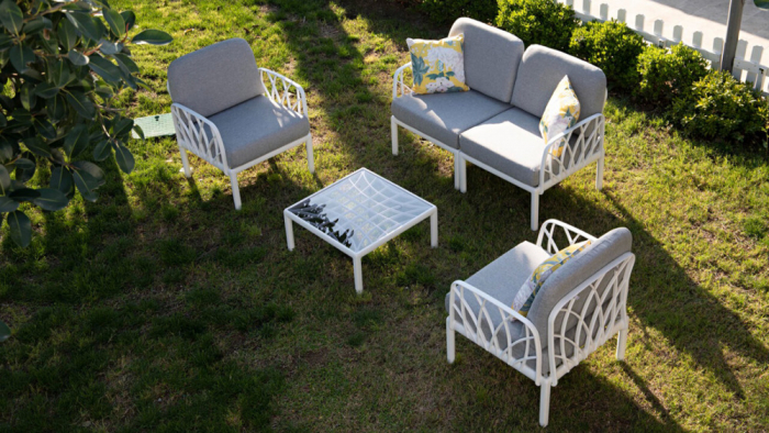 RAKI Set mobilier gradina/terasa, canapea dubla, 2 fotolii, masa, modular, polipropilena, alb [7]